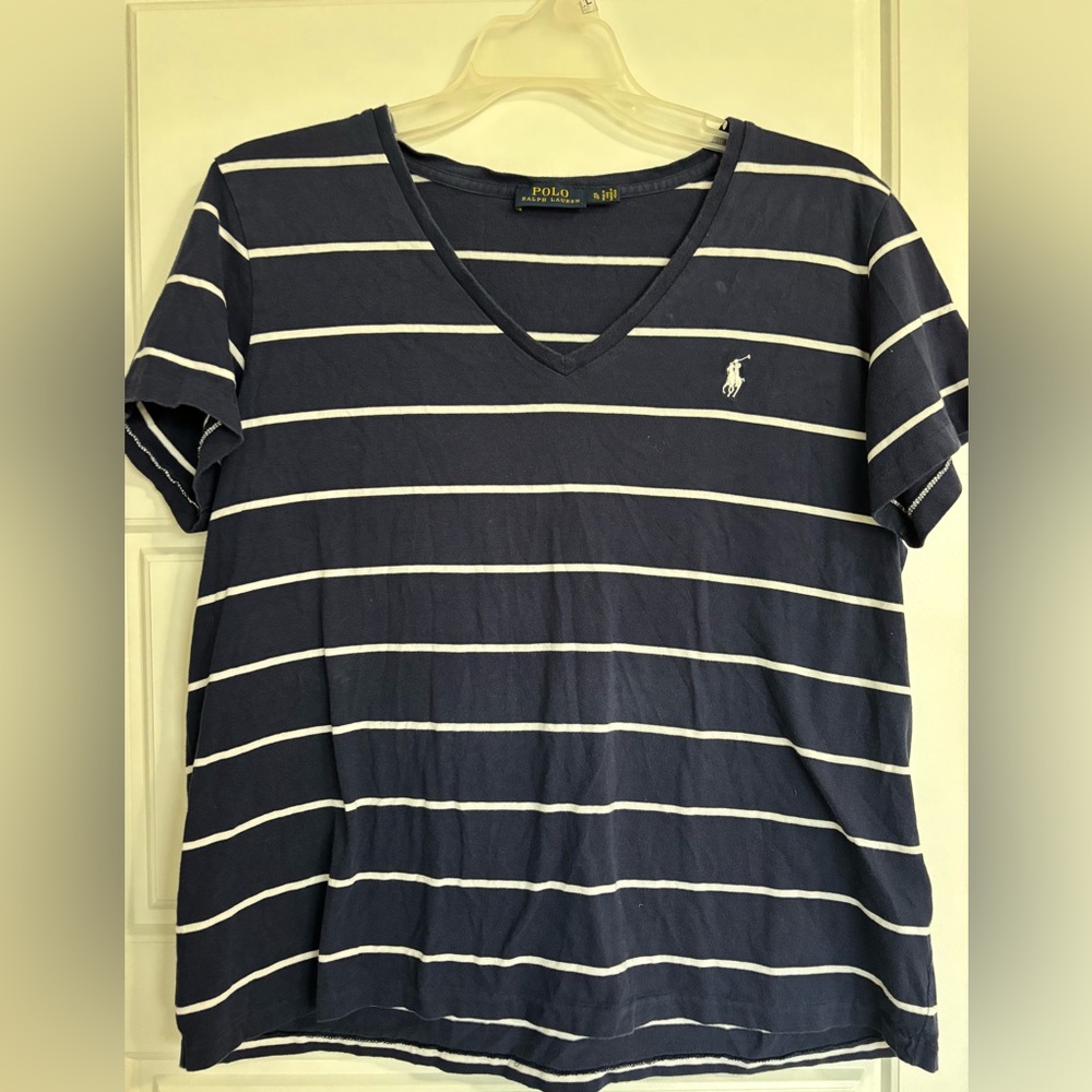 Ralph Lauren Women's Navy and White Striped Tee